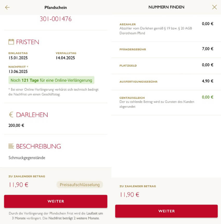 Kostenübersicht der Zinsen und Gebühren Pfand online verlängern - von zu Hause aus