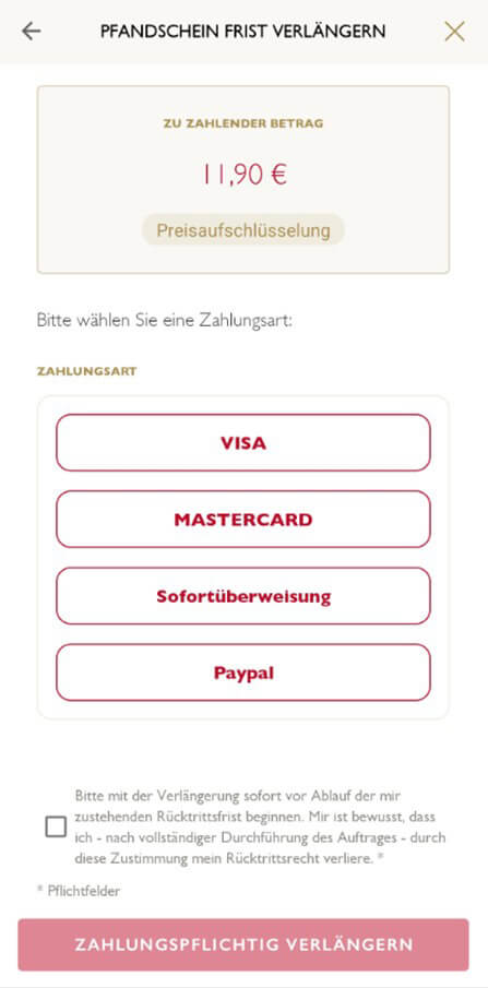 Zahlungsart wählen Pfand online verlängern - von zu Hause aus
