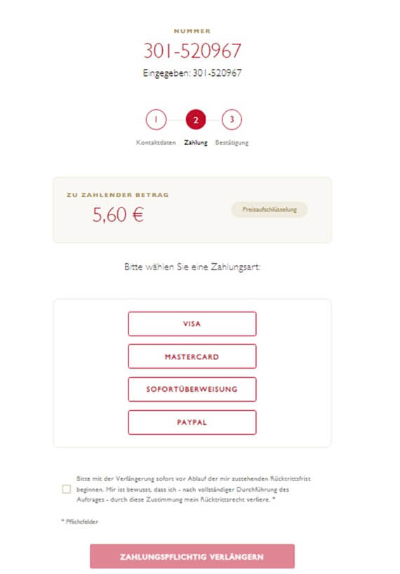 Zahlungsmethode auswählen Pfand online verlängern - von zu Hause aus