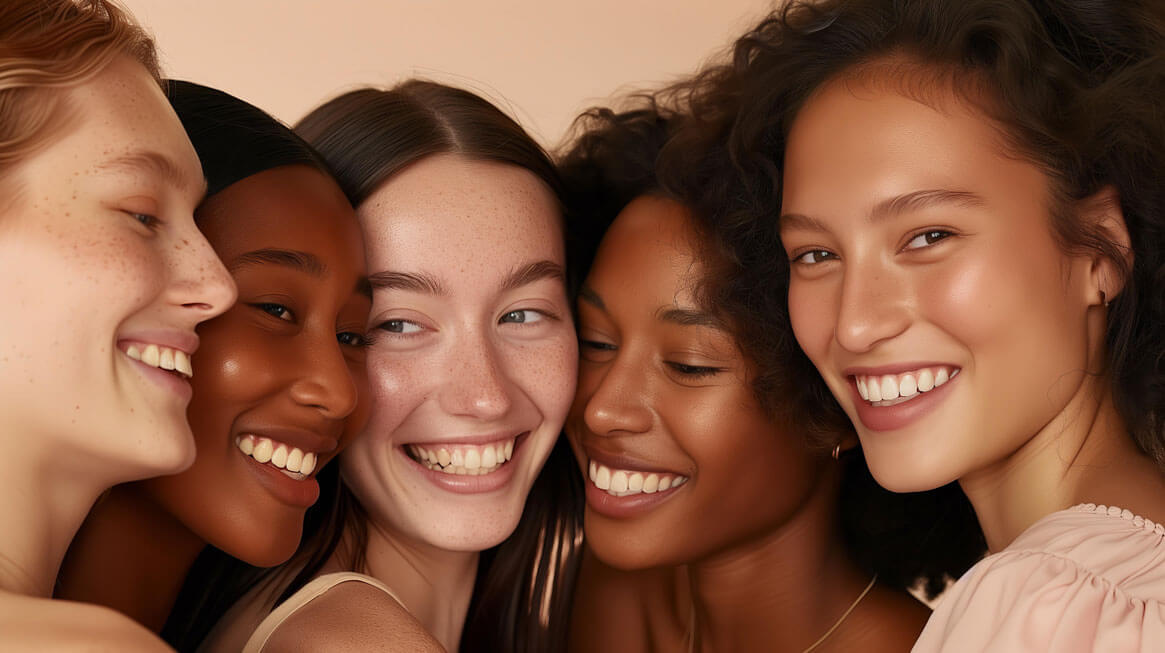 Multi-ethnische Frauen mit unterschiedlichen Hautuntertönen Verschiedenen Hautuntertönen, warm kalt neutral, die von 5 unterschiedlichen multi-ethnischen Frauen vorgeführt werden