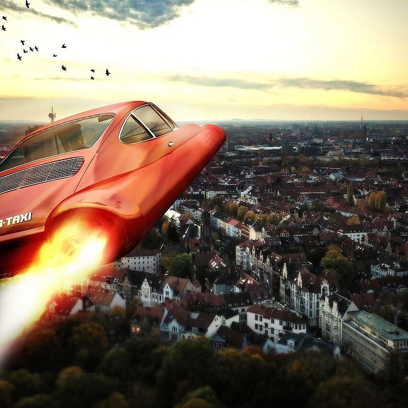 Flugauto im Flug über eine Stadt 