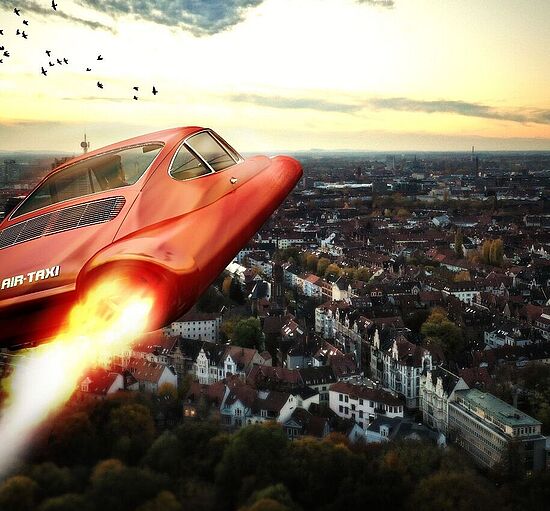 Flugauto im Flug über eine Stadt 