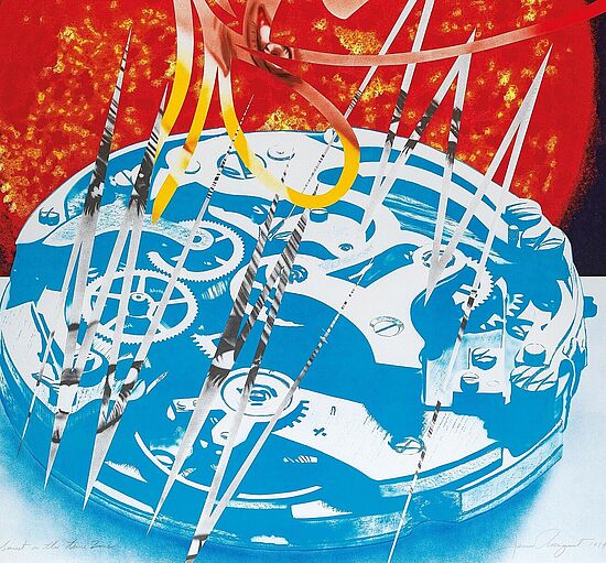 Colour lithograph and collage on paper by James Rosenquist: "Sunset in the Time Zone"