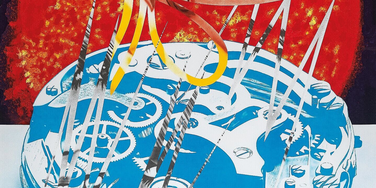 Colour lithograph and collage on paper by James Rosenquist: "Sunset in the Time Zone"