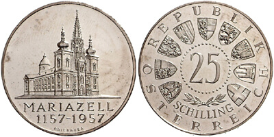 25 Schilling Münze, Mariazell, 1957, PP Im Silberpreis Check: 25 Schilling Münze, Mariazell, 1957, PP