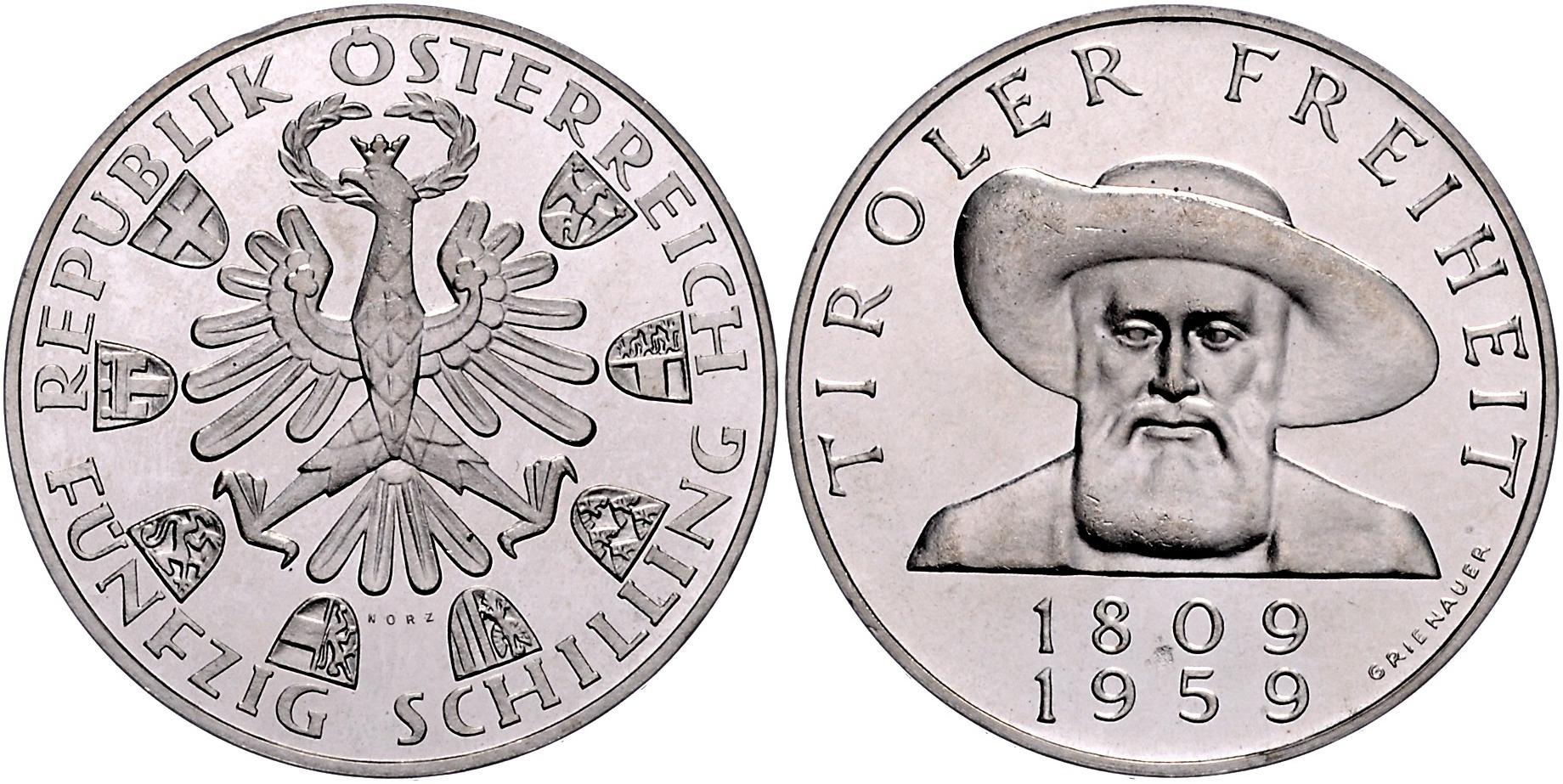 50 Schilling Münze, Tiroler Freiheit, 1959, PP Silberpreis von Tiroler Freiheit, 1959, PP