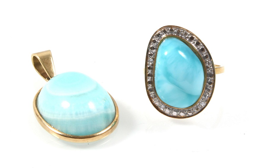 Ring und Anhänger, Gold 585, Brillanten und Larimar Stein (Pektolith) 11,2 g