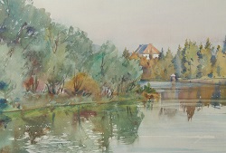 Schloss Moosburg an den Moosburger Teichen (Wilhelm Loisel, Aquarell auf Papier) Wilhelm Loisel * (Radsberg 1914-2005) "Schloss Moosburg an den Moosburger Teichen", signiert W Loisel, datiert 75, Aquarell auf Papier, Ausschnitt 33 x 38 cm
